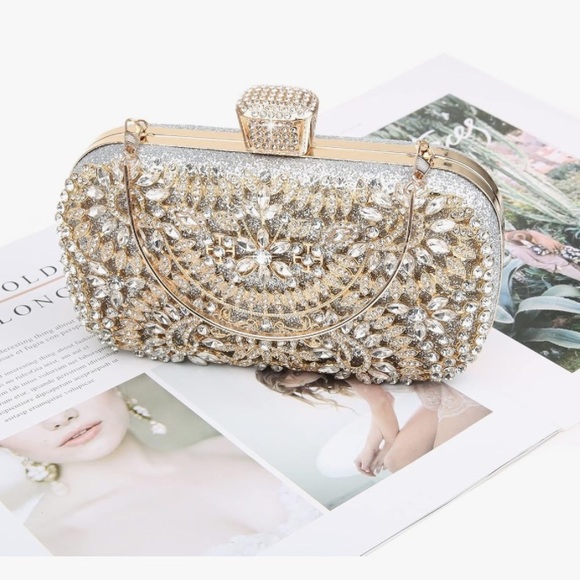 LUXURIOUS FLOWER CLUTCH BAG Sparkly Rhinestone Crystal Glitter Sequin Glam Purse - Picture 4 of 11